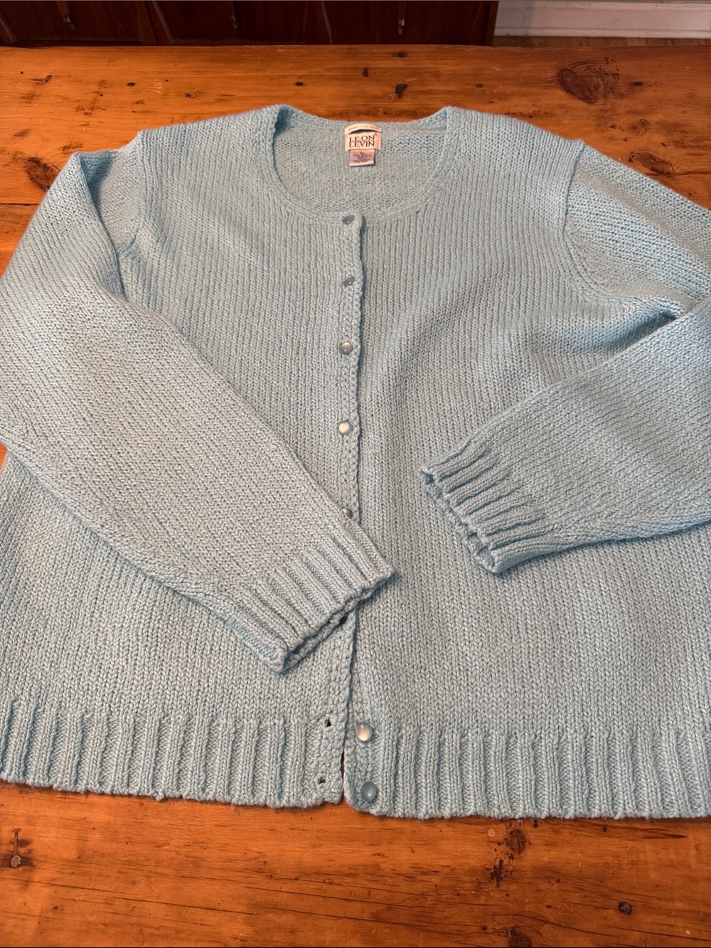 Leon Levin Hand Loomed Cardigan Sweater XL Light Blue Chunky Knit Button Front